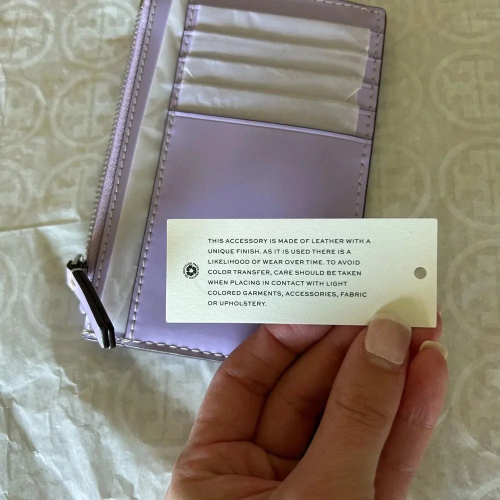 Tory Burch Britten Patent Zip Card Case Mini Wallet Lavender Silver Light Purple